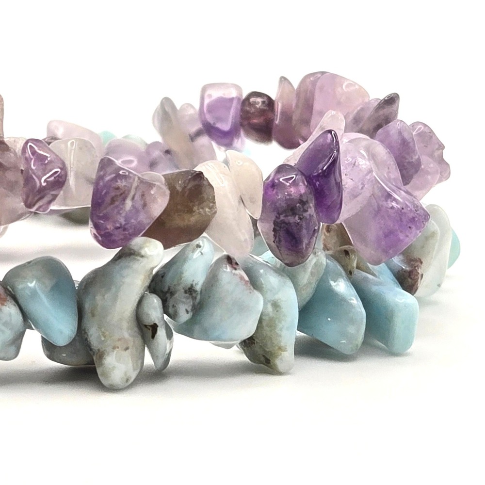 Natural Amethyst and Larimar Chip Bead Stretch‎ Bracelet Set Purple Blue 2pc